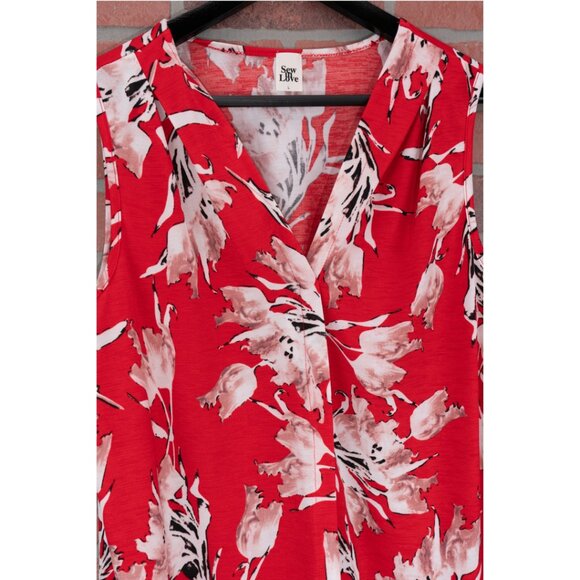 Red Floral Sleeveless Blouse - Size Large - Picture 3 of 8